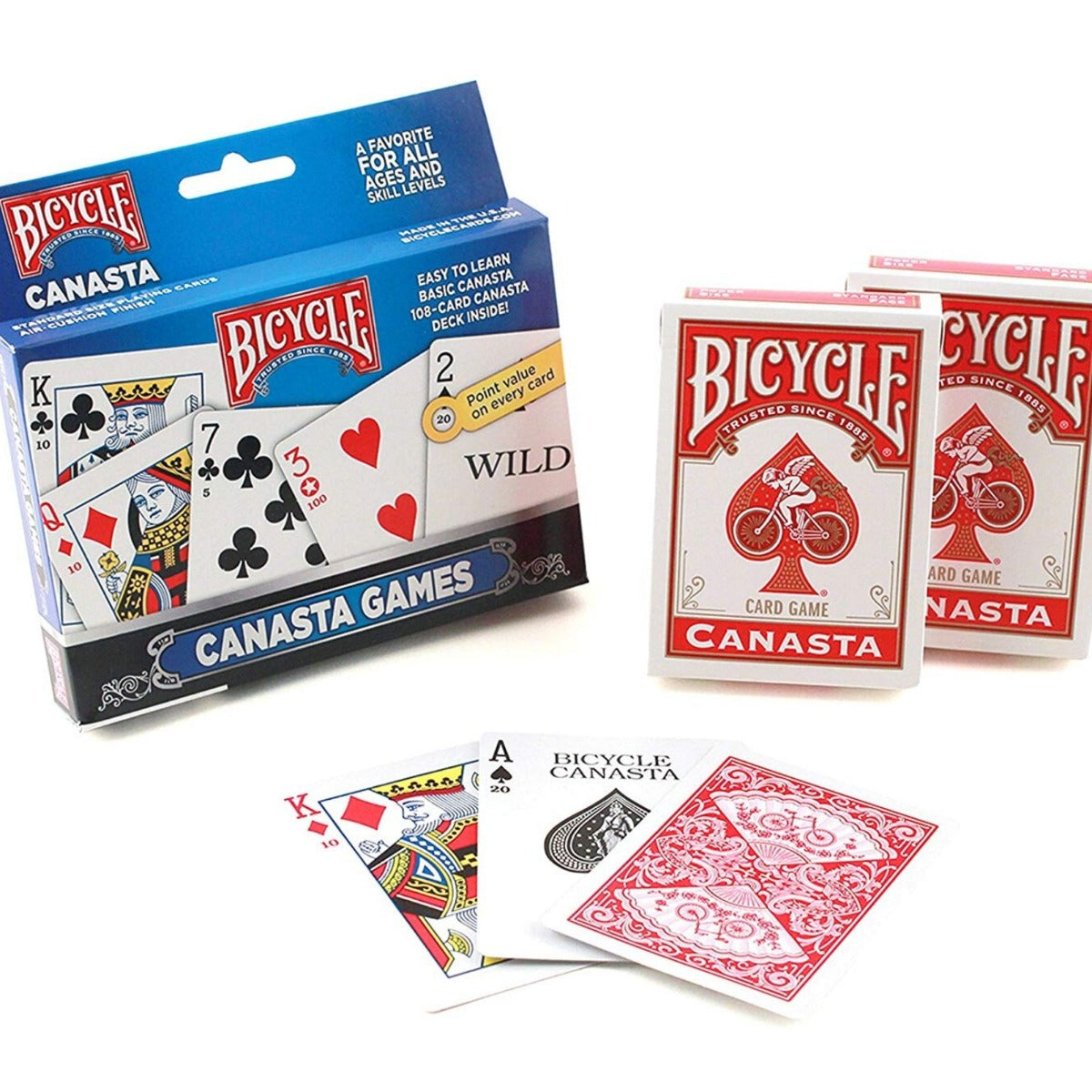 Bicycle Canasta card game packaging and cards on a white background