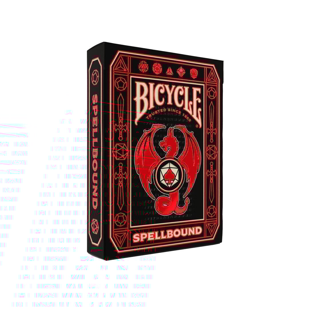 Bicycle Spellbound playing cards packaging with red and black design on a white background