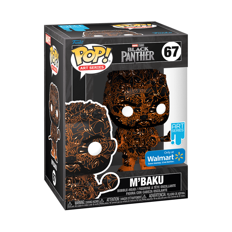 Funko branded packaging with clear outer case. Inside box is M'Baku pop vinyl with orange and black panther illustrations all over. 