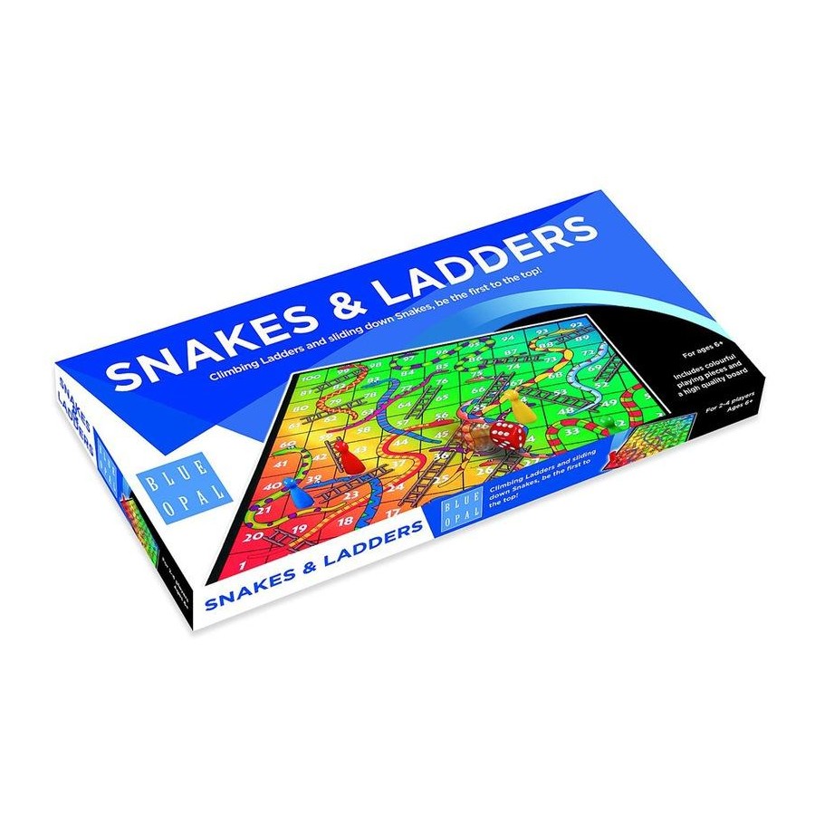 Blue Opal branded packaging with board game image on cover. Game board is brightly coloured neon green, yellow and red with snakes and ladders. 