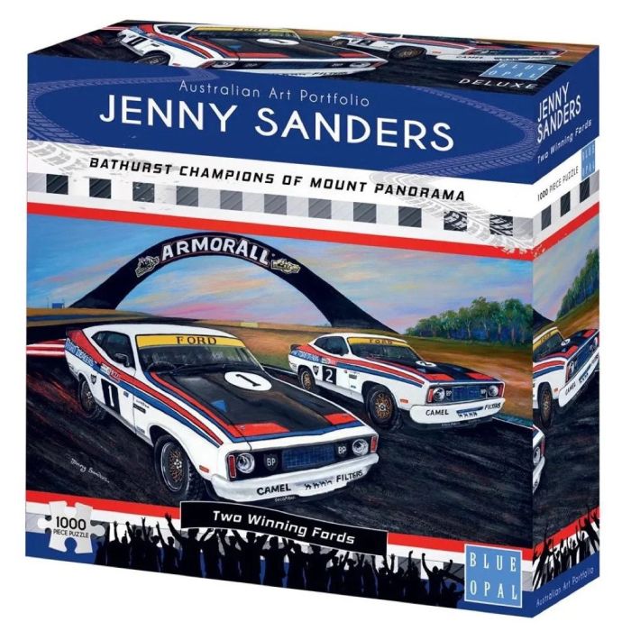 Board game cover with two ford vehicles and a sunset behind. 
