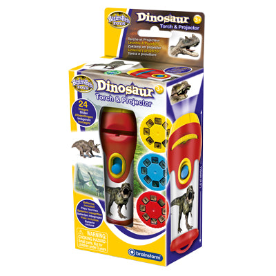 Kids Dinosaur torch with alternating slides, on a white background.