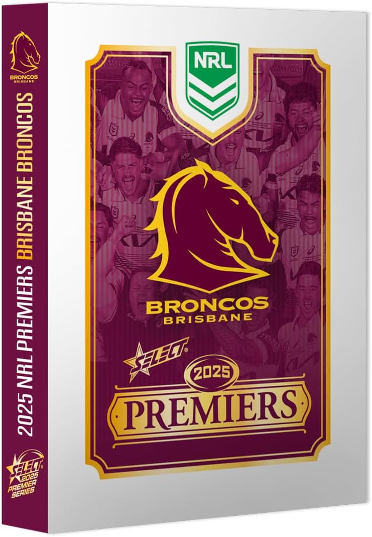 NRL branded packaging with Brisbane Broncos logo in the middle, accompanied by gold writing.