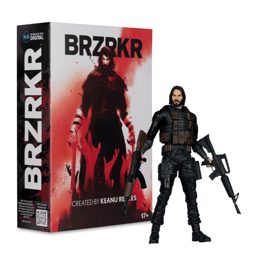 Action figure of a character from 'BRZRKR' with packaging in the background