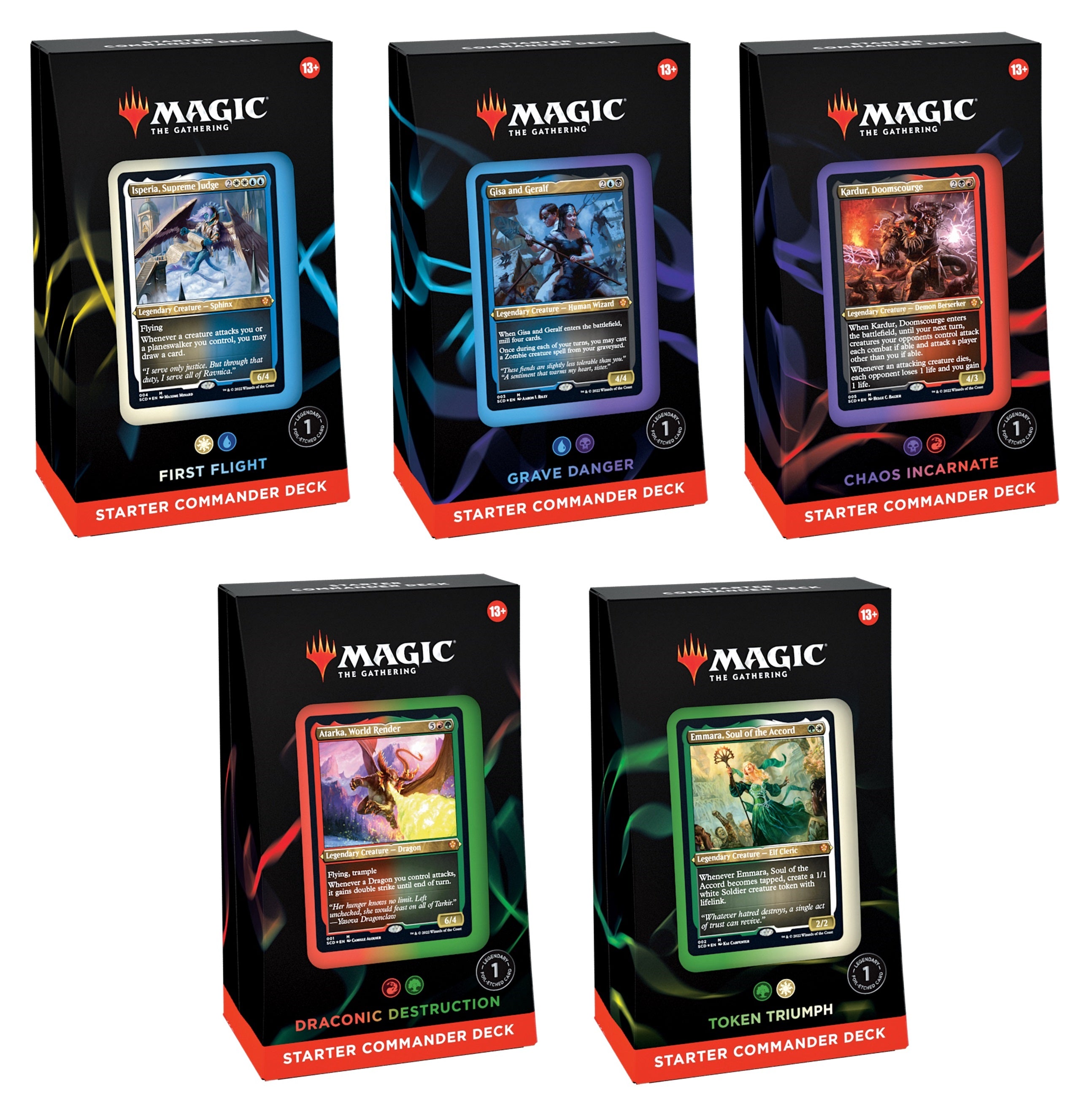 Five 'Magic: The Gathering' starter commander decks packaging on a white background