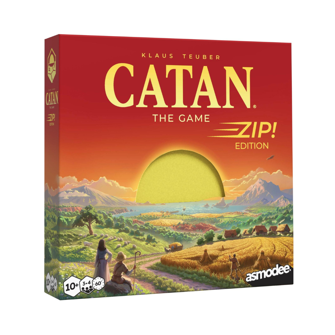 Board game box for 'Catan' with a sunset over a settlement scene on a red background.