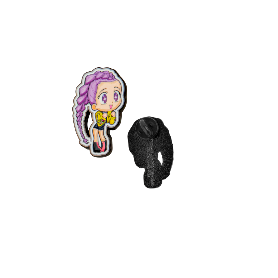 Rumi KPop Demon Hunters Character with purple hair and a black object on a white background