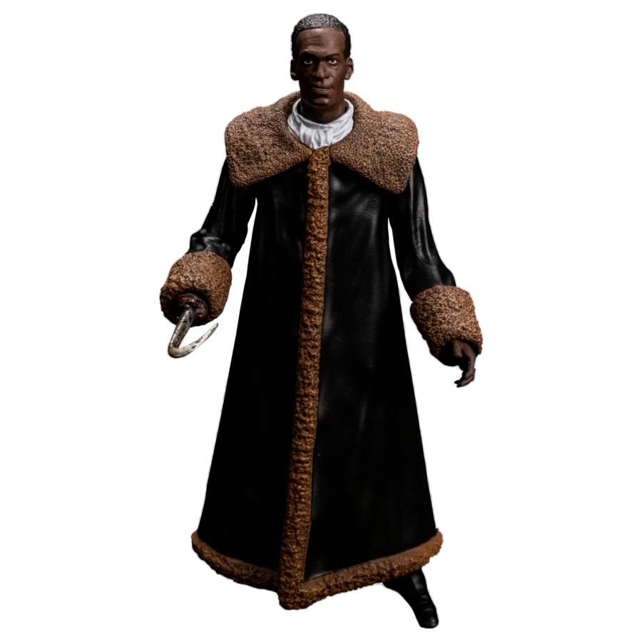 Candy Man action figure in a long black coat with brown fur trim on a white background