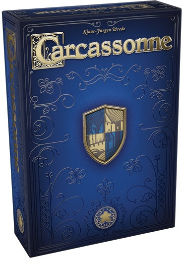 G carcassonne board game box with decorative elements on a blue background