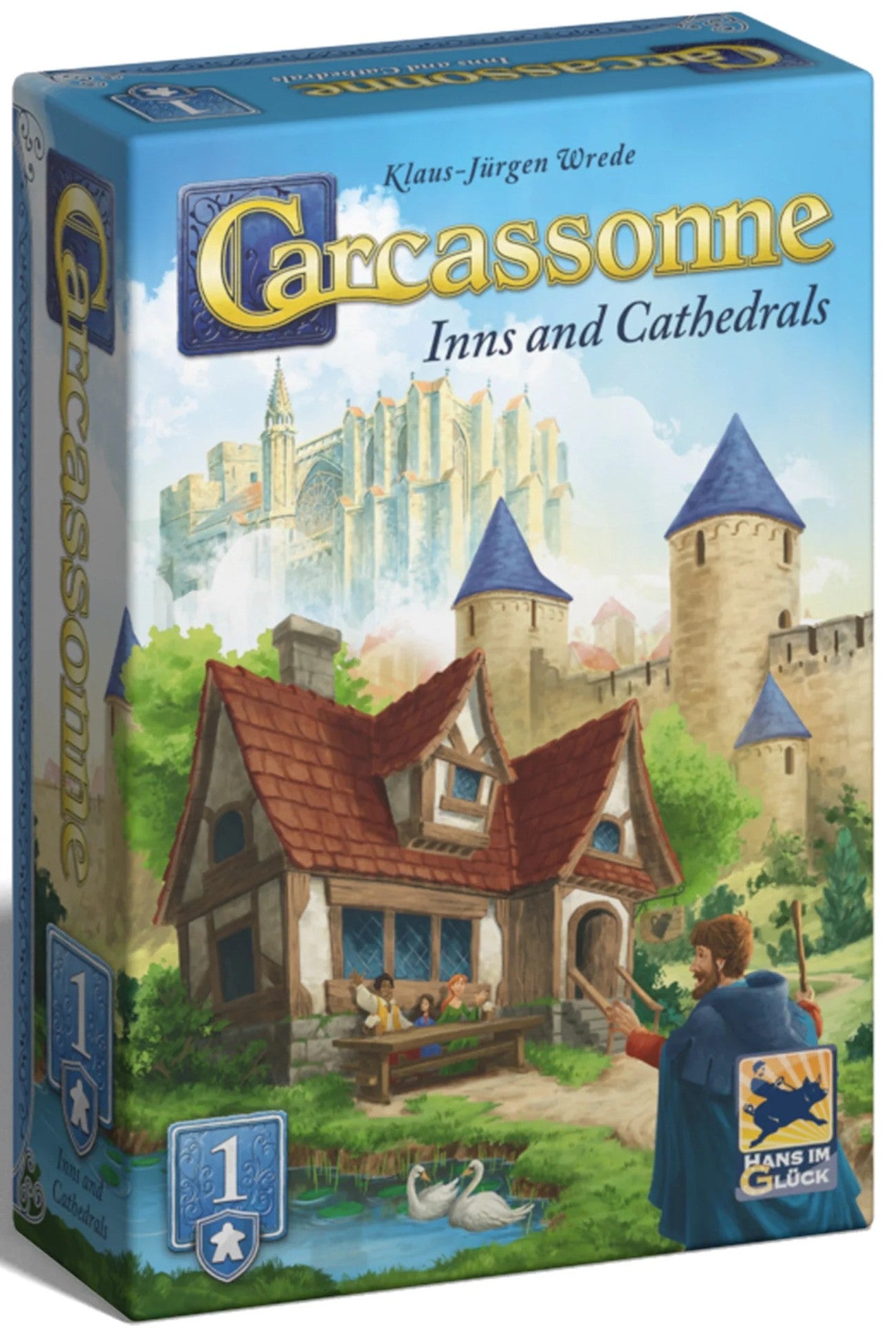 Board game box for 'G carcassonne: Inns and Cathedrals' with illustration of a village scene.