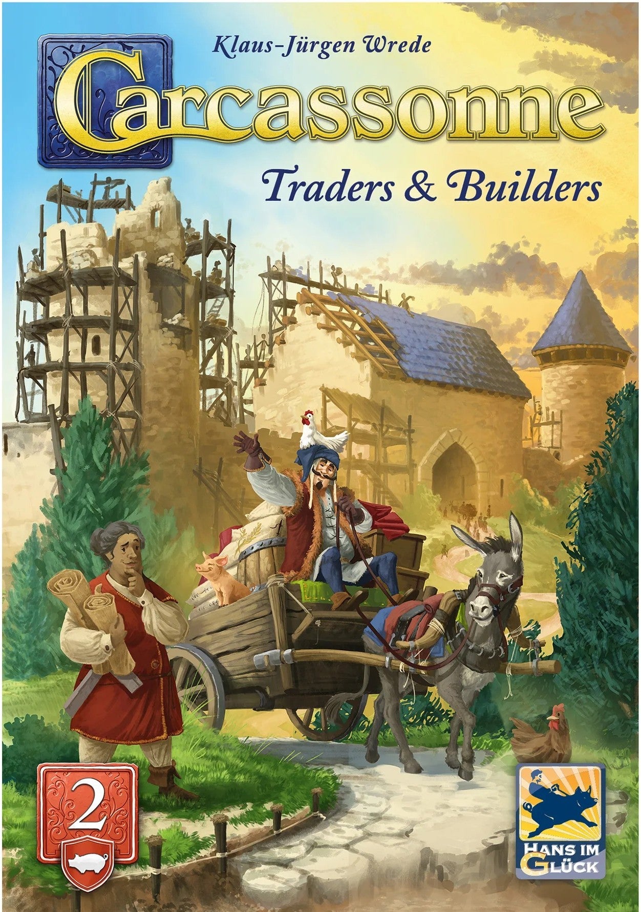 Board game cover of Carcassonne Traders & Builders with characters and architecture illustration.