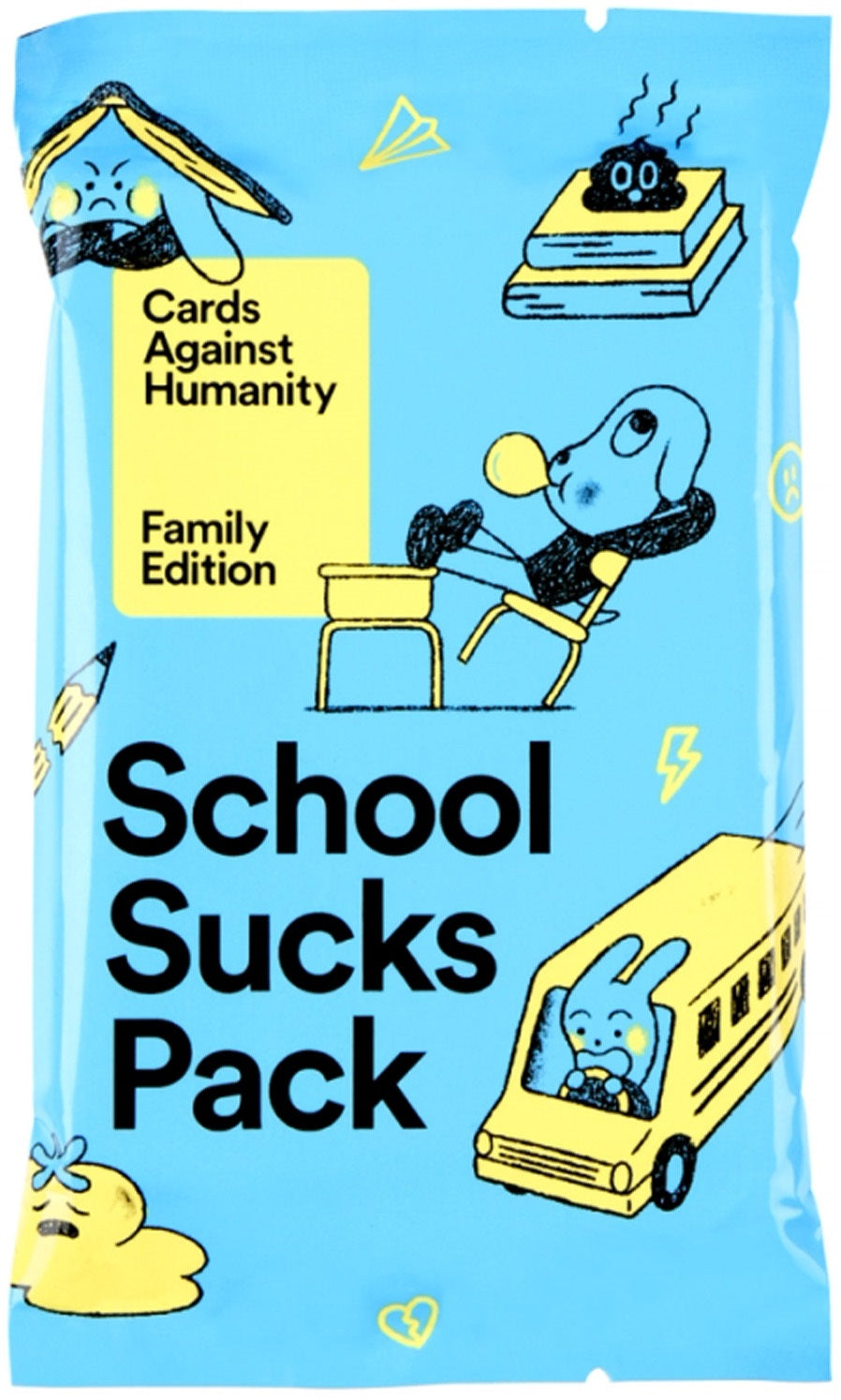 Light Blue packaging with “School Sucks” in big black letters. A yellow school bus and desk with student blowing bubblegum is also on the cover 