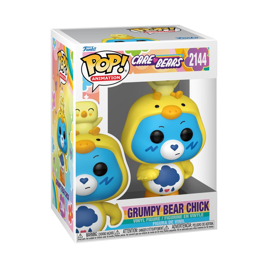 Funko Pop! vinyl figure of Grumpy Bear Chick in its packaging with Care Bears branding. Care Bears - Grumpy Chick Easter Pop! Vinyl.
