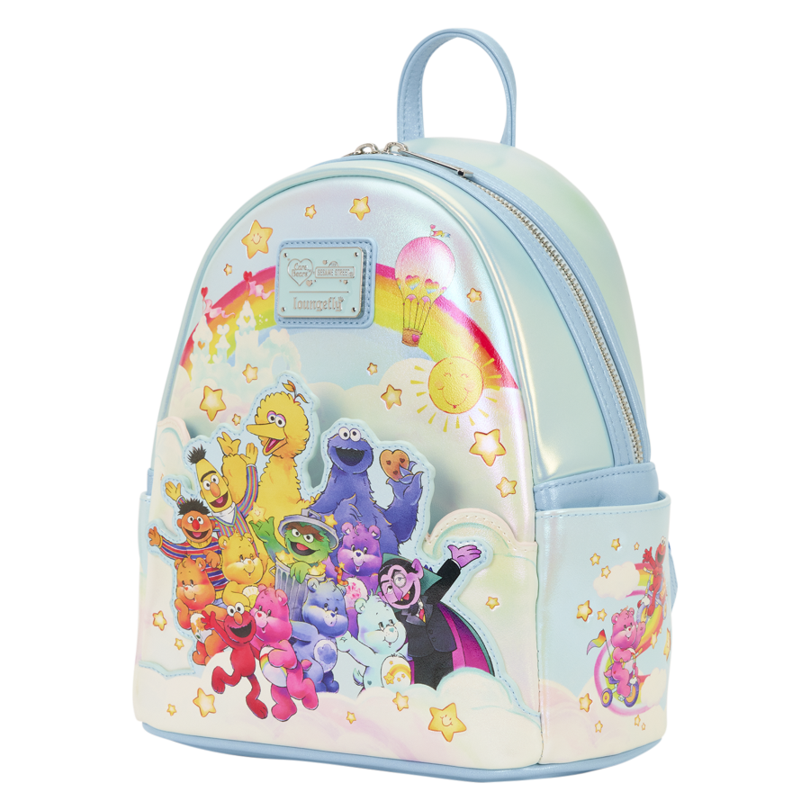 Backpack with colorful Sesame Street character design on a white background. Care Bears x Sesame Street Mini Backpack.