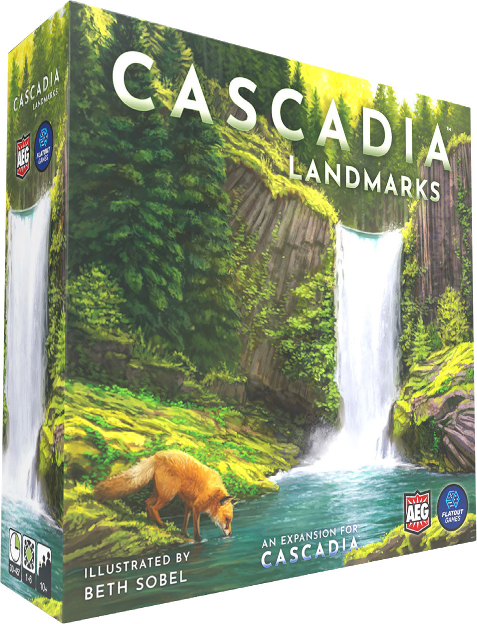 Board game box for 'Cascadia Landmarks' with a fox and waterfall illustration on a green background.