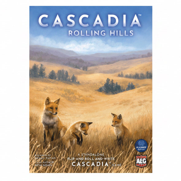 Board game box for 'Cascadia Rolling Hills' with foxes in a field and AEG logo.