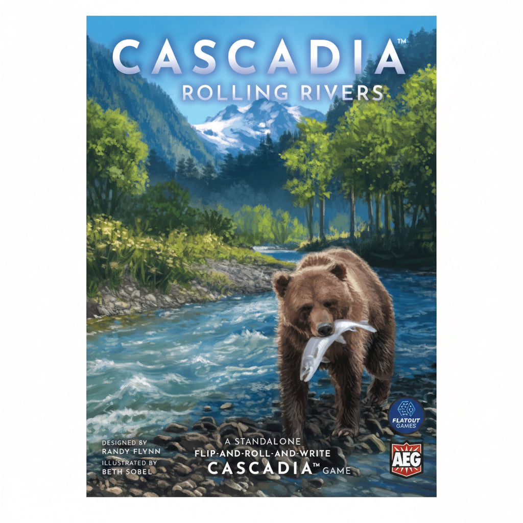 Board game box for 'Cascadia Rolling Rivers' featuring a bear with a fish near a river and mountains.