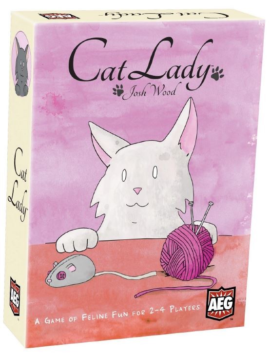 Board game box for 'Cat Lady' with a cat illustration and pink background