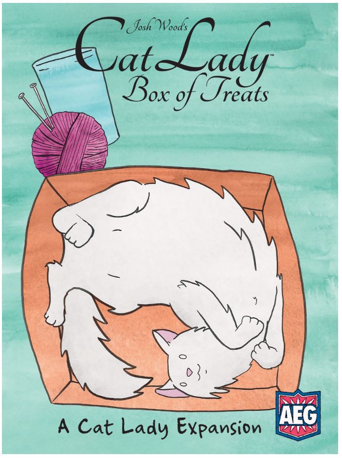 Cat Lady Box of Treats packaging with a cat illustration and AEG logo on a teal background