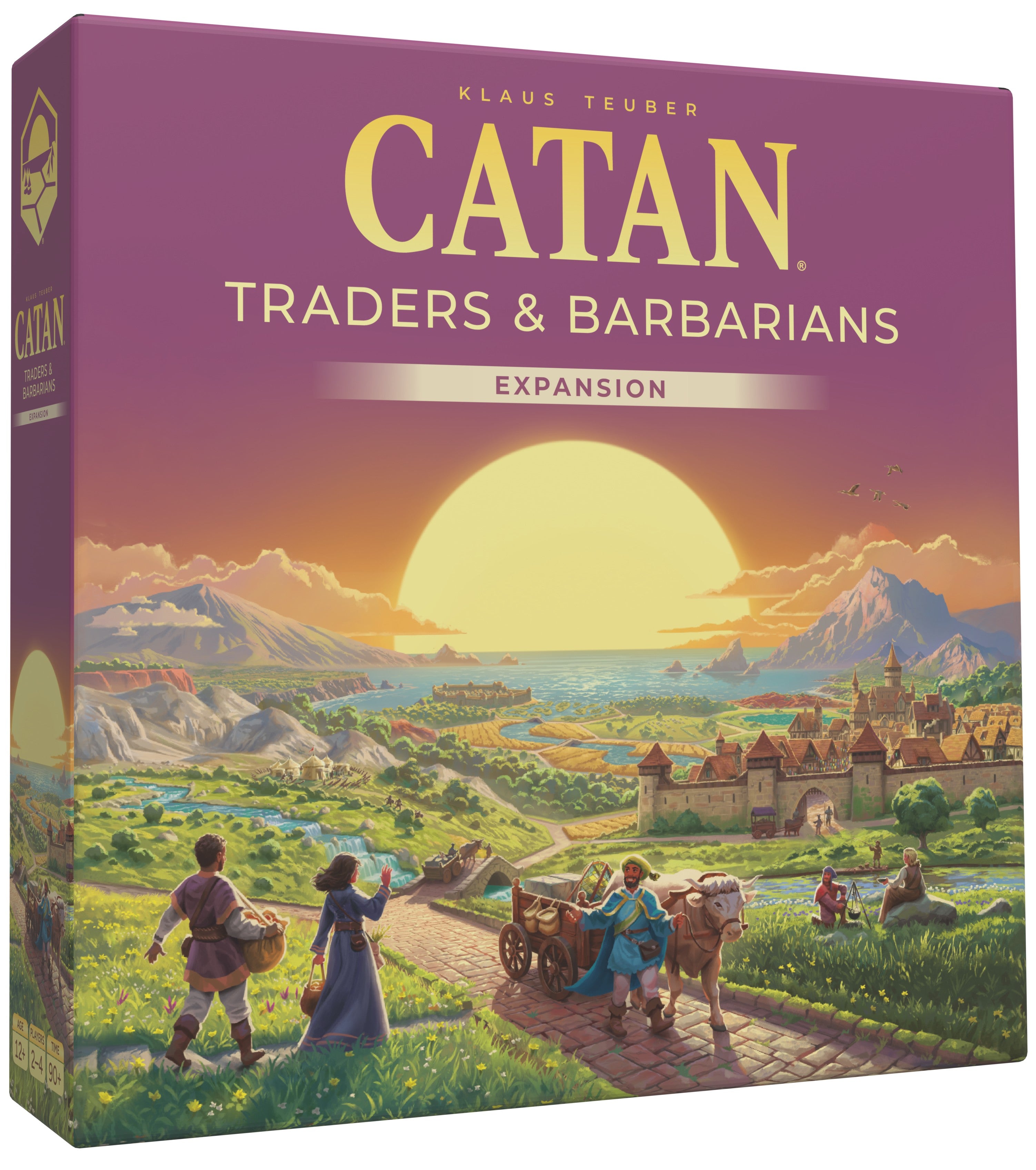 Box cover for CATAN Traders and Barbarians expansion showing cartoon-style artwork with结算 figures, a board game, and a landscape in the background.