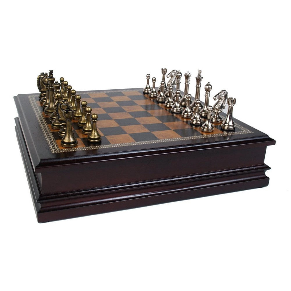 Wooden chessboard with checkered pattern and metal chess pieces on a white background