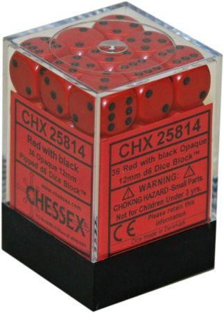 Red dice block with black dots in a transparent box, branded 'Chessex'.