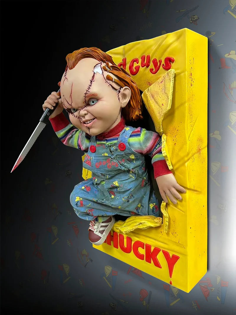 Toy figure of a character with a knife in a box labeled 'Bad Guys' on a dark background