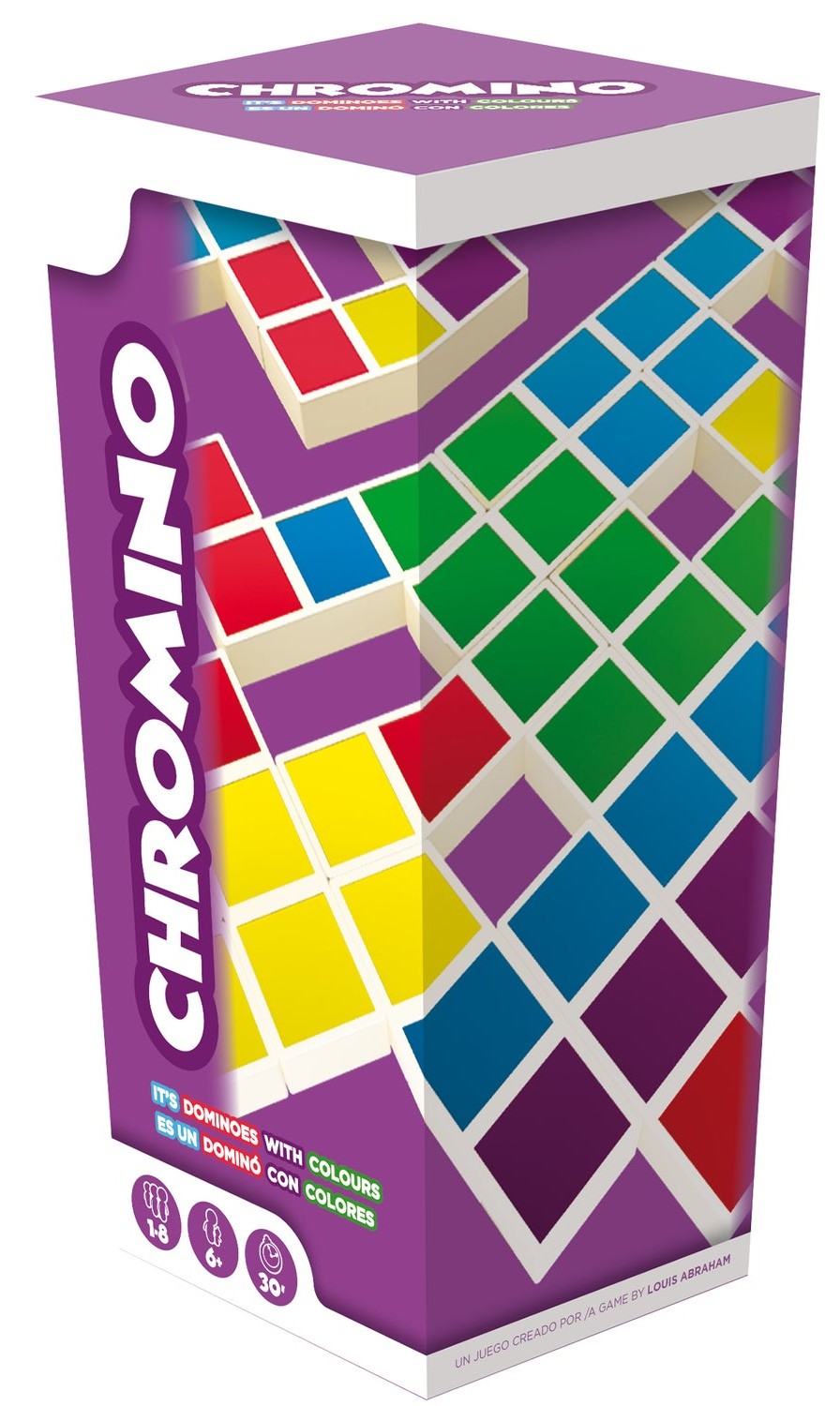 Box of Chromino colorful dominoes game with purple lid