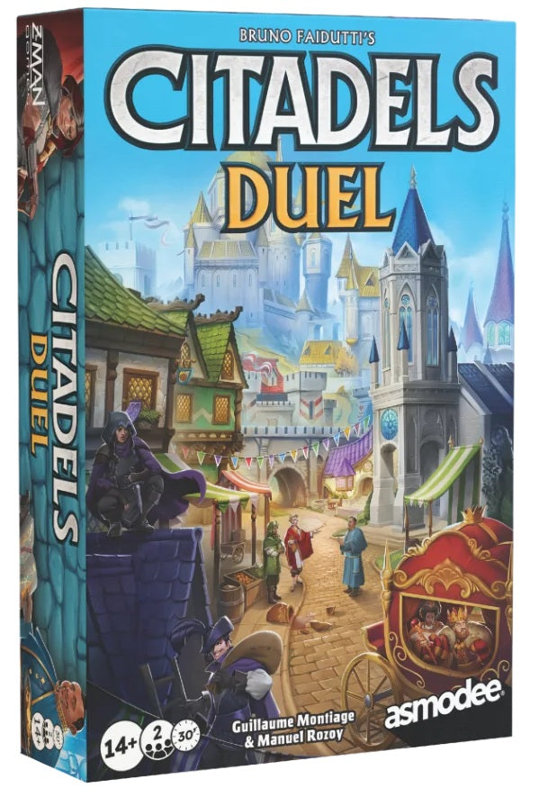 Board game box for 'Citadels Duel' by Asmodee with colorful illustration of a town scene.