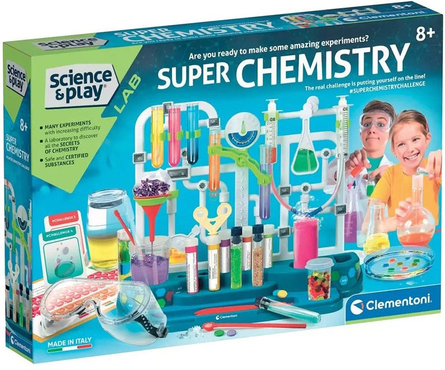 Science and Play Super Chemistry Lab set packaging with children and laboratory equipment illustration.