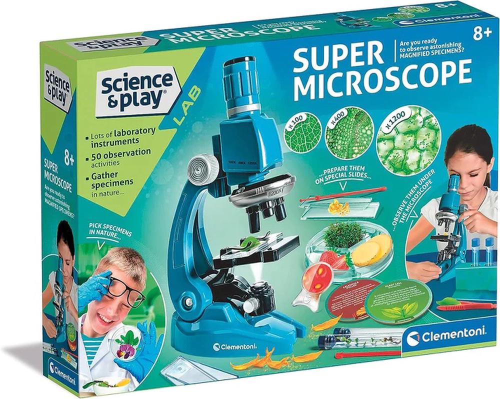 Box of Clementoni Science & Play Super Microscope with images of children using a microscope and lab activities.