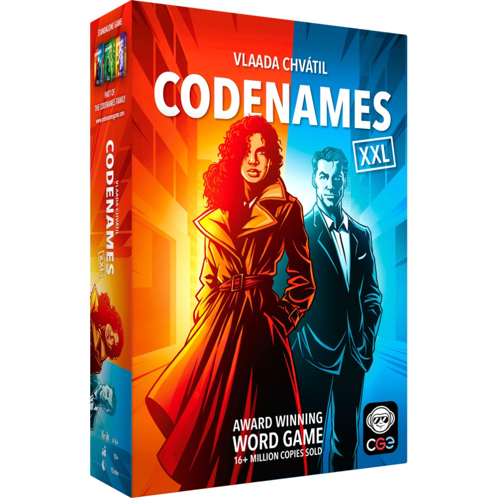 Codenames XXL game box with two people on a colorful background