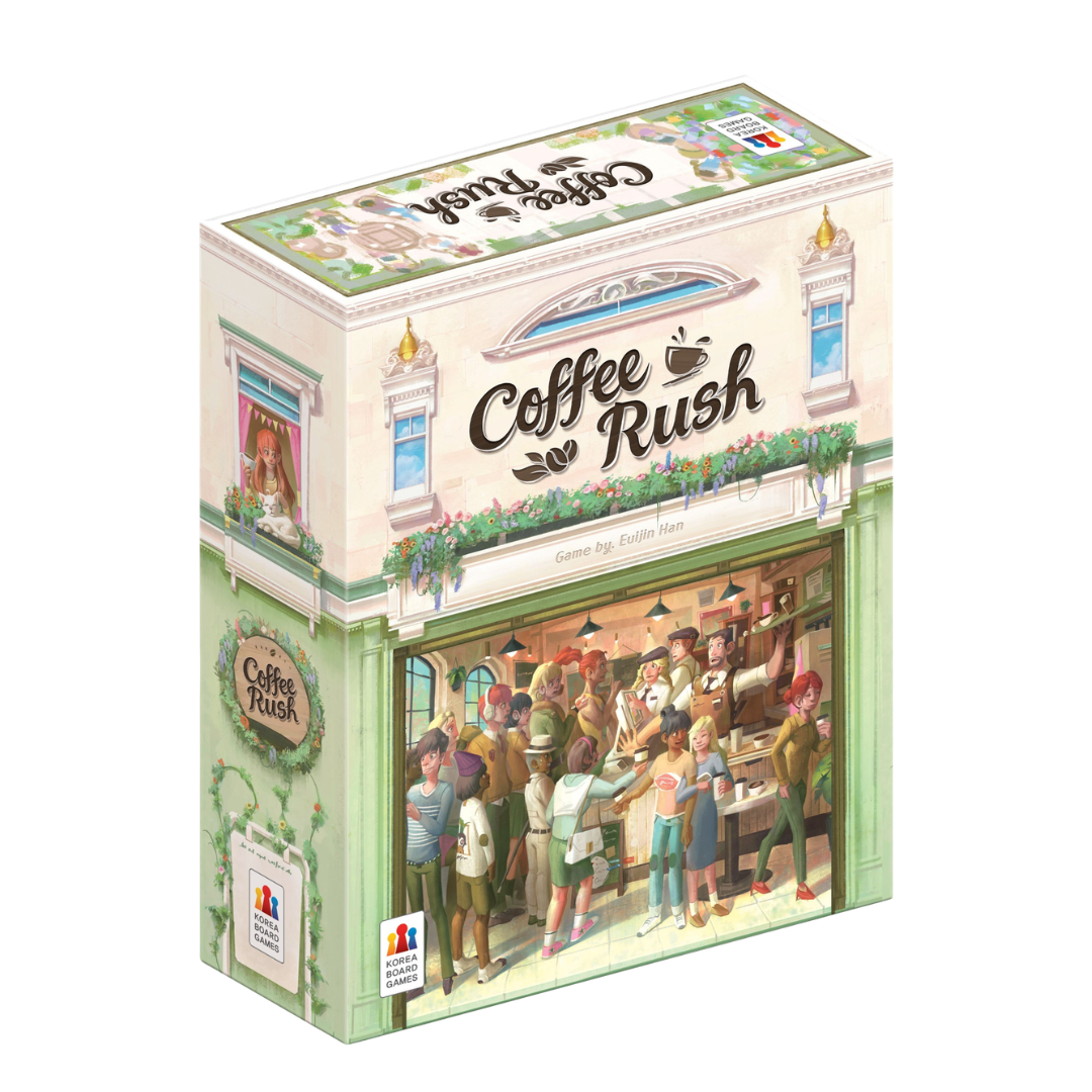 Board game box for 'Coffee Rush' with a colorful design on a white background