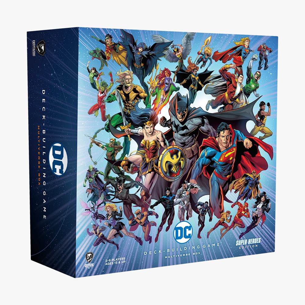 DC Deck-Building Game box featuring superhero characters on a blue background