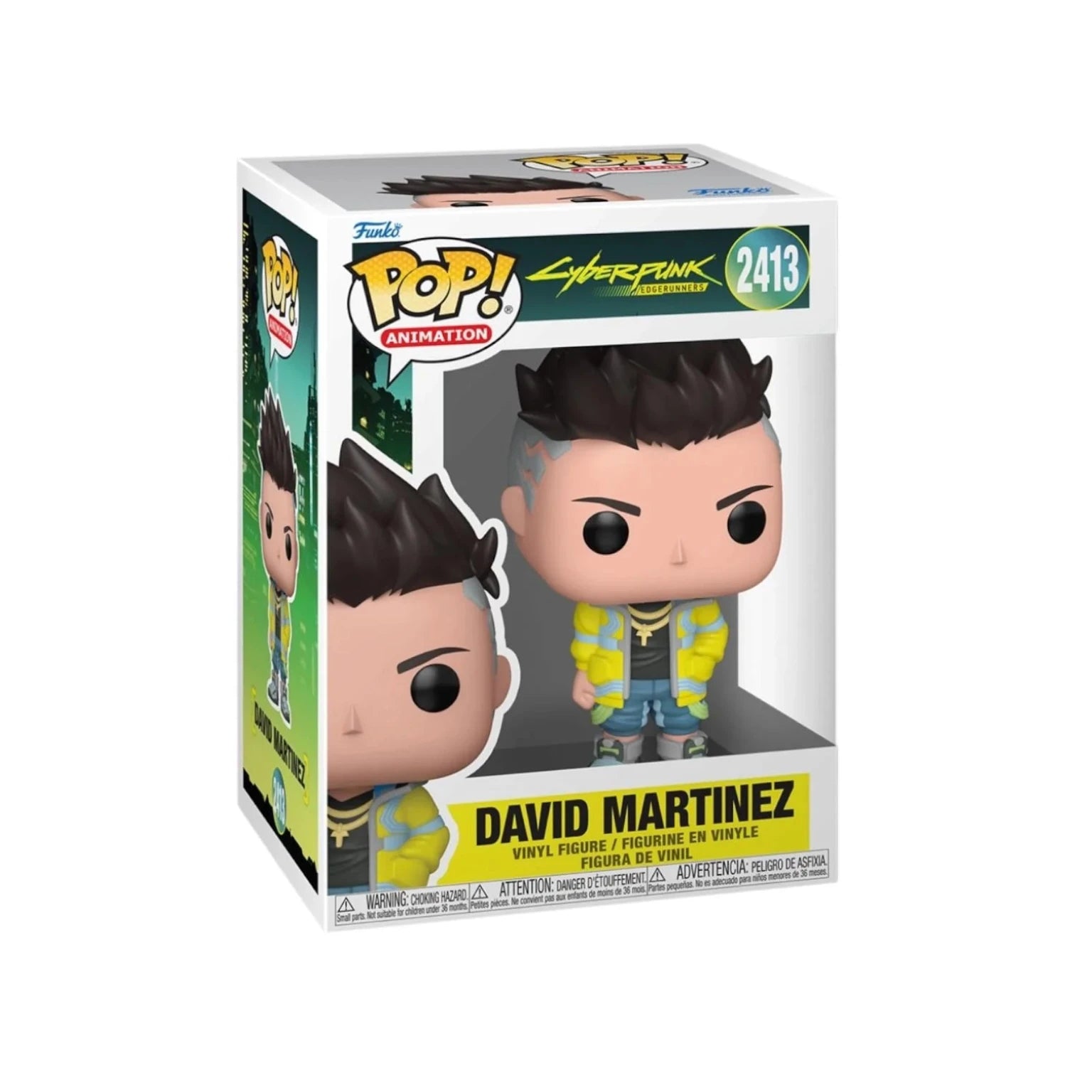 Funko branded packaging with clear window. Inside box is David Martinez Pop! Vinyl with neon yellow jacket, mohawk and baggy pants. 