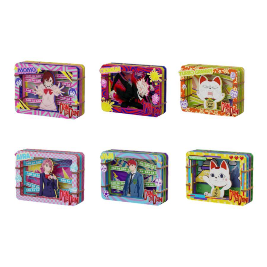 Set of colorful toy boxes with character illustrations on a white background