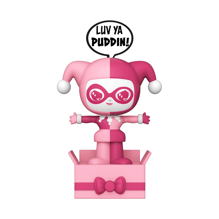 Pink character with a speech bubble saying 'LUV YA PUDDIN!' on a white background. DC Comics Harley Valentines Day US Exclusive POPsies.