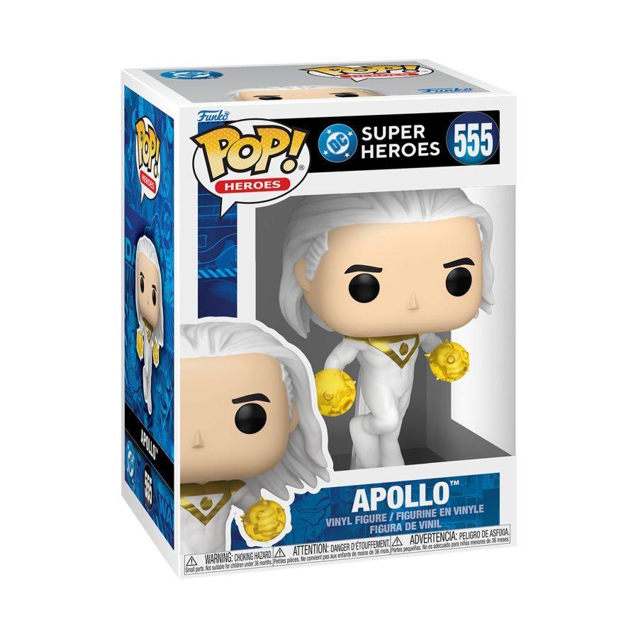 Funko branded packaging with clear window. Inside box is Apollo action figure, with white hair, white skin tight suit and gold livery.