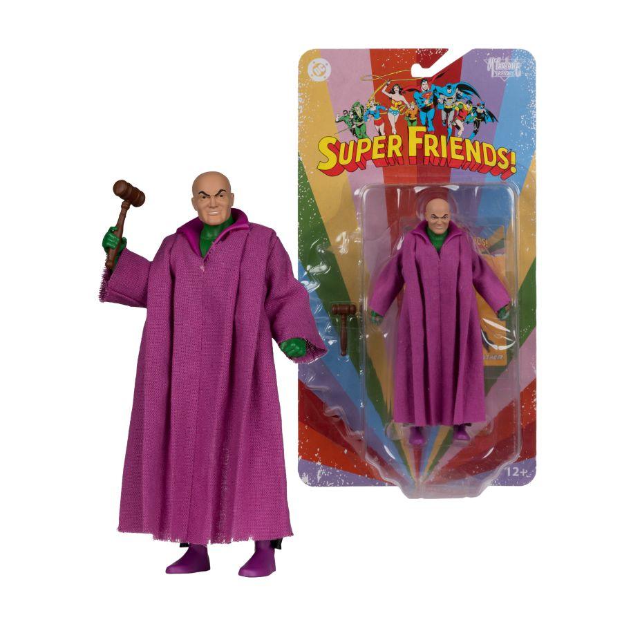 Cardboard rainbow coloured packaging with clear window. Inside the box is a bald Lex Luthor figure, with hammer and purple coat.