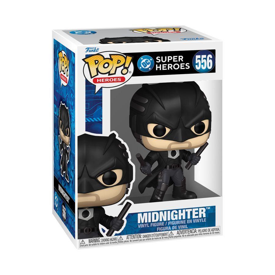 Funko branded packaging with clear window. Inside box is Midnight Pop! Vinyl, with two batons, black mask and black cape.