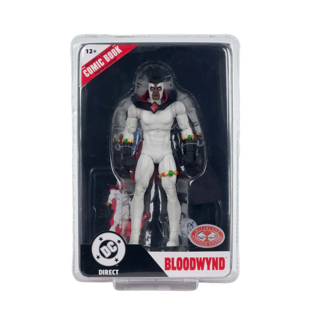 DC/Mcfarlane branded plastic packaging with figure inside. Inside box is a Bloodwynd figure, with skin tight white bodysuit, red and black cape and black gloves.