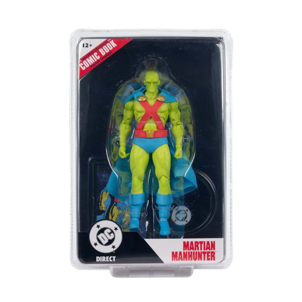 Plastic packaging with green martian hunter figure inside. Figure is shown wearing light blue boots and cape with red and gold accents. 