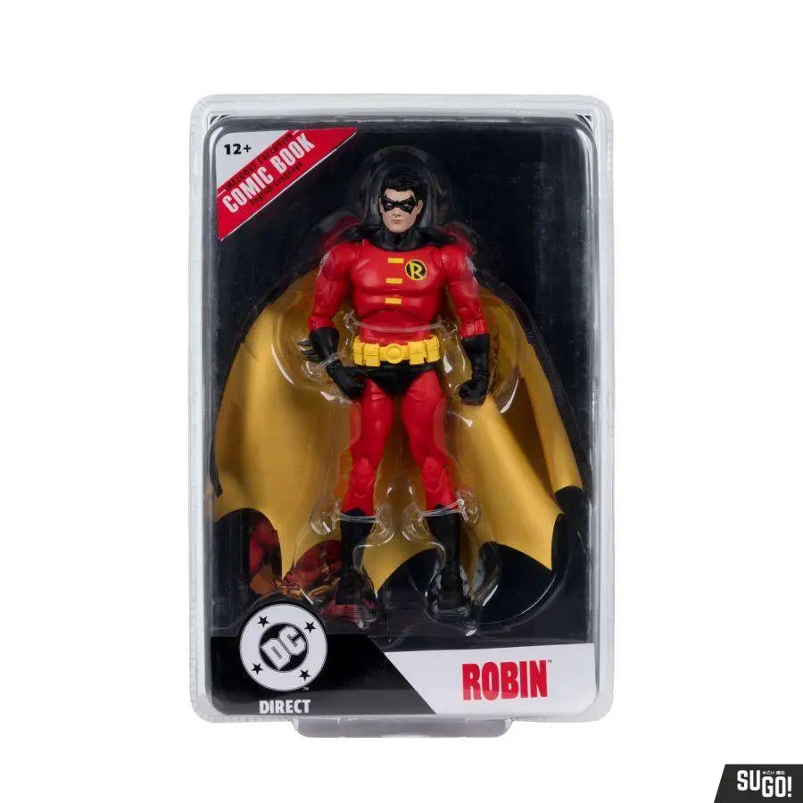 Clear plastic packaging with figure inside. Inside plastic is black cardboard insert and Robin action figure. Robin figure has yellow and black cape, with red suit and black boots and gloves.