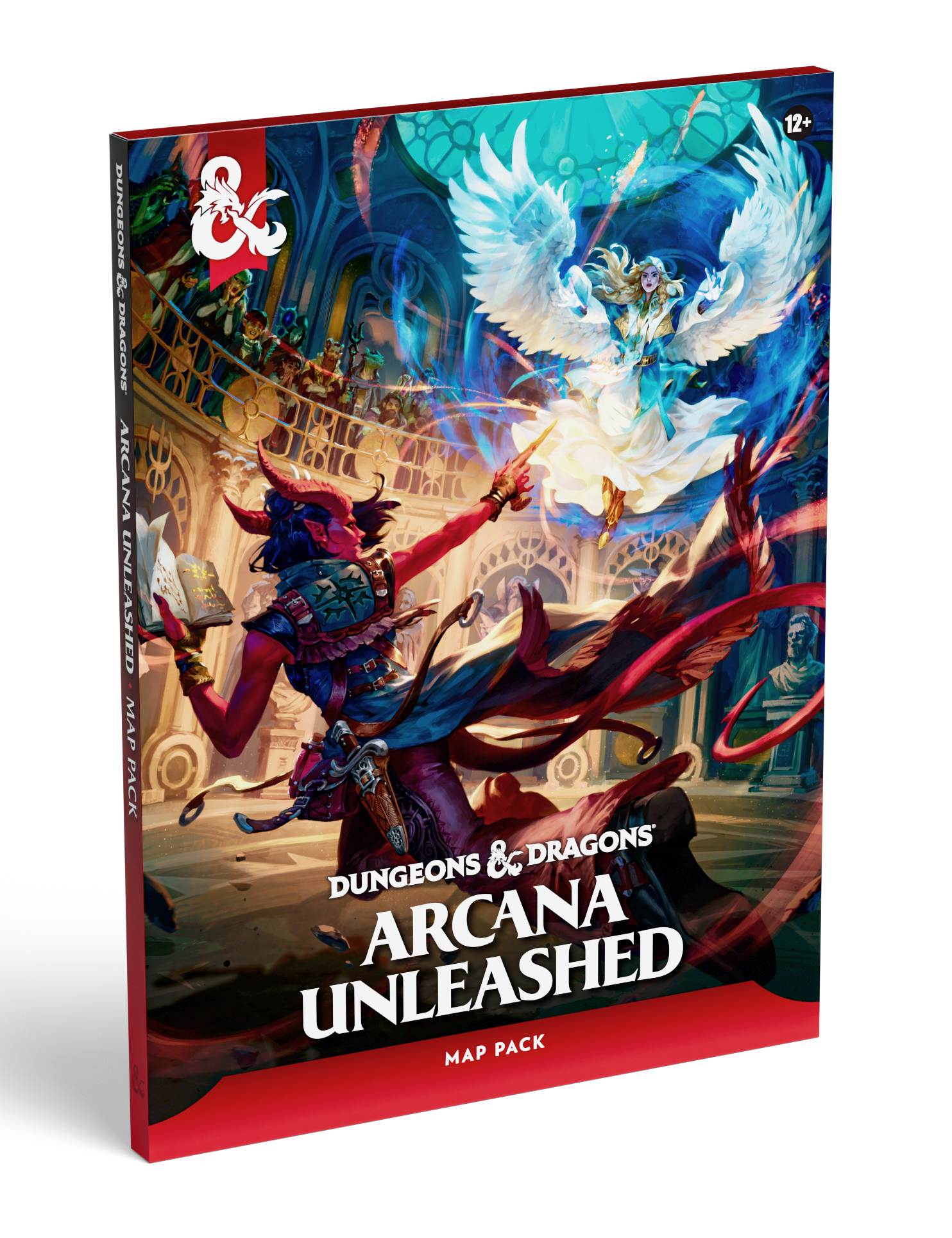 Dungeons & Dragons: Arcana Unleashed Map Pack book cover shown at a three-quarter angle on a clean white background. The cover art features a fantasy scene with a red-skinned warrior and a glowing white-winged blue creature in an ornate arena.