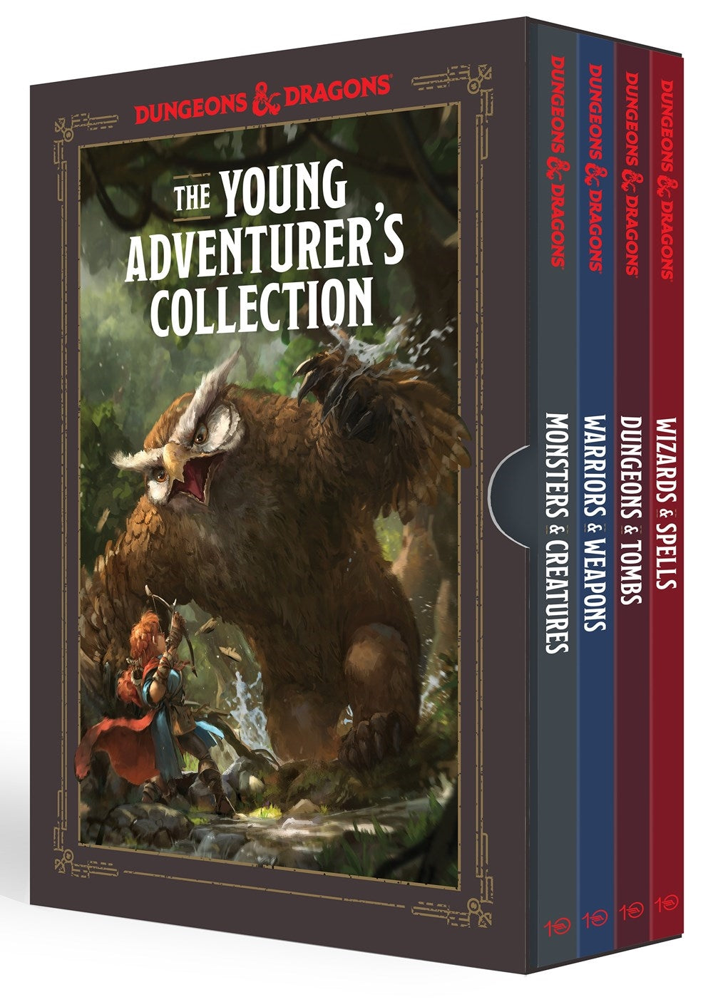 A box set of Dungeons & Dragons Young Adventurers Collection, featuring books on monsters, warriors, dungeons, and wizards.
