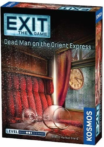 Image contains the cover of Exit The Game dead man on the orient express. A spilt bottle of wine and the interior of train carriage with rain on the window are featured. 