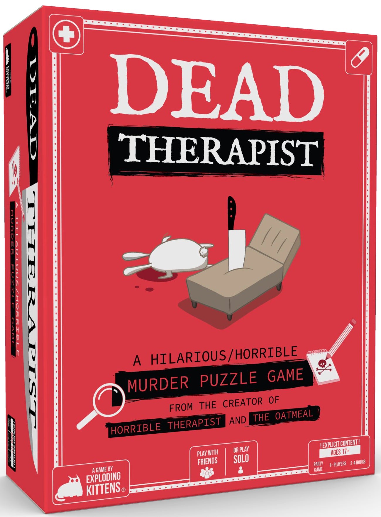 The front and spine of the board game box for 'Dead Therapist' are shown against a plain white background. The box is predominantly bright red with white and black typography and small illustrated icons, including a white cat, a knife on a chair, and a magnifying glass.