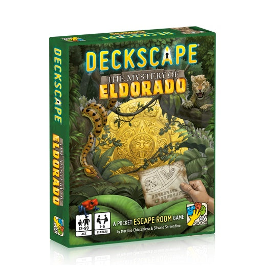 Board game box for 'Deckscape: The Mystery of Eldorado' with jungle-themed artwork.