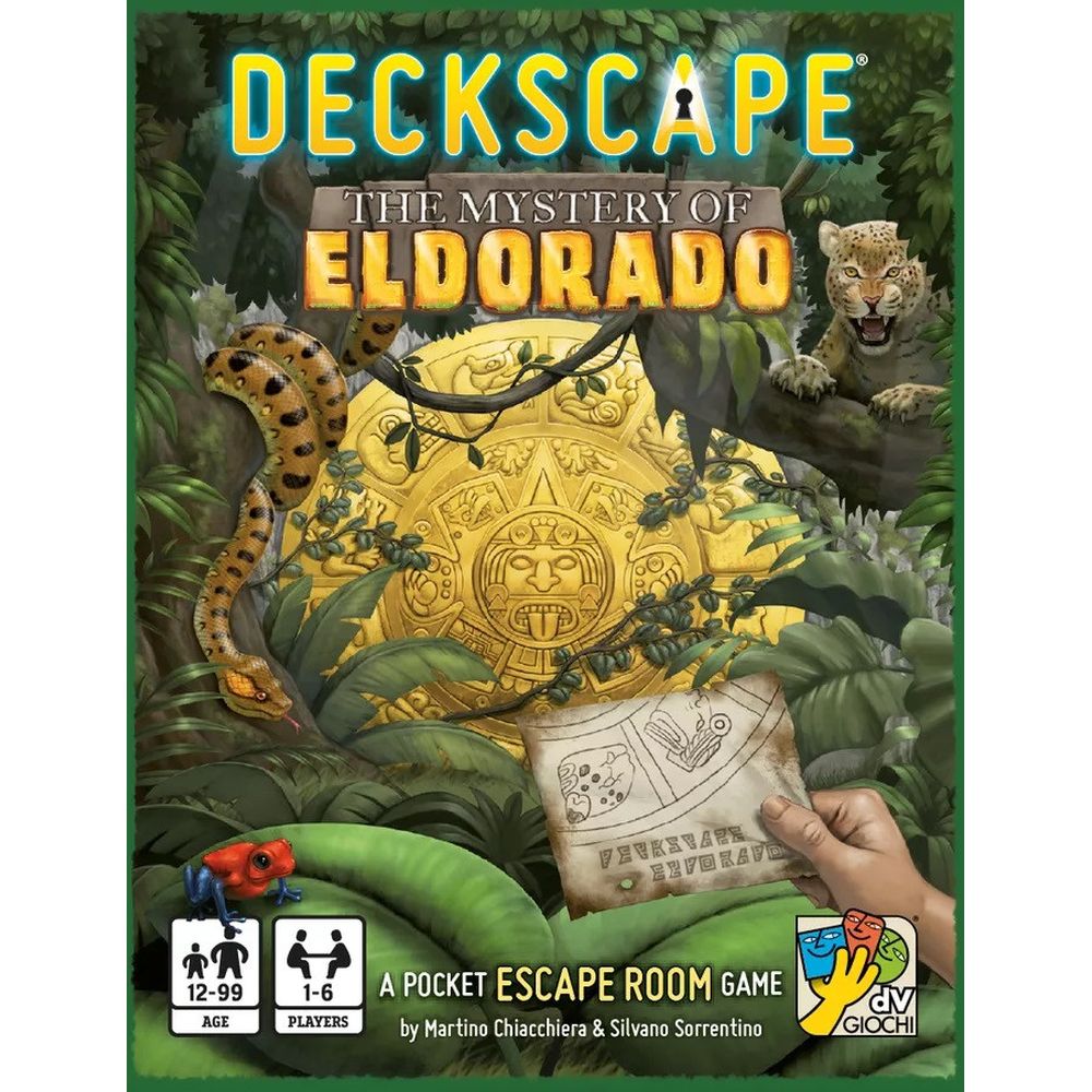 Front cover of the board game Deckscape: The Mystery of Eldorado, showing a jungle scene with a golden Aztec calendar, a jaguar, a snake, and a hand holding an treasure map. The Deckscape logo is at the top, and player age/number and publisher logos appear at the bottom.