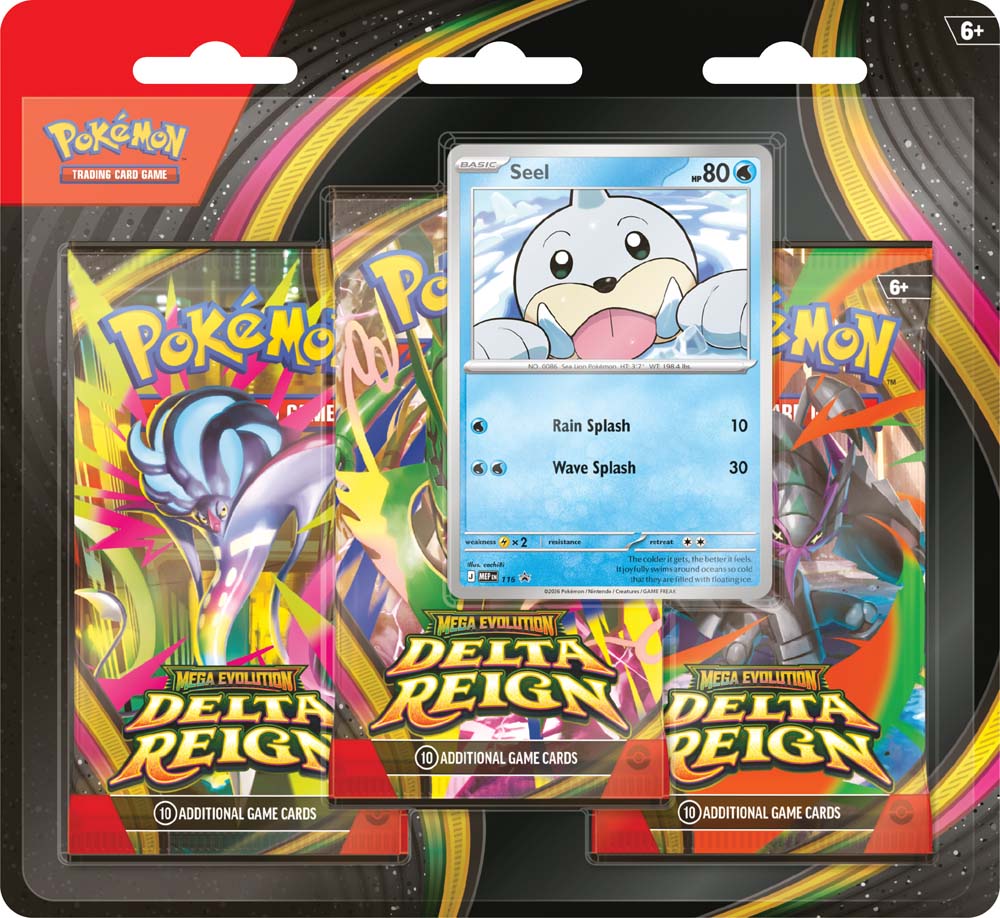 Pokémon Trading Card Game Mega Evolution Delta Reign booster pack bundle in a clear blister pack, featuring a Seel trading card displayed in the center over the colorful booster pack artwork.